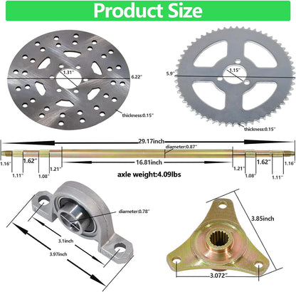 Kit de eje para Go Kart de 29 pulgadas, con eje, pinza de freno, disco de freno, rodamientos de bloque de almohada, cadena T8F, piñón de 58 dientes y buje de rueda.