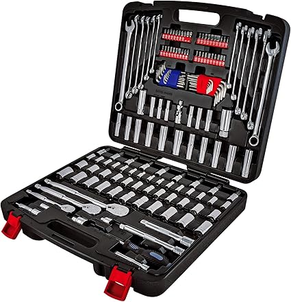  Kit de herramientas para mecánico de 152 piezas, con destornilladores de 1/4, 3/8 y 1/2 pulgadas, incluye juegos de dado en pulgadas y métrico, trinquete con cabeza sellada de 72 dientes, incluye estuche.