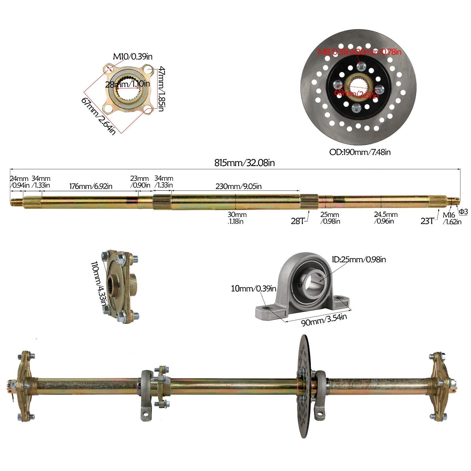 Kit completo de eje trasero de 32" para Go Kart DIY con ruedas de 5", piñón, freno y buje de rueda.