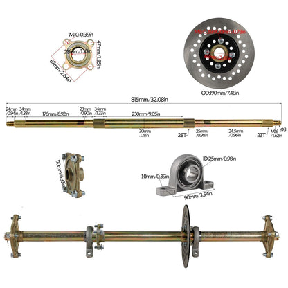 Kit completo de eje trasero de 32" para Go Kart DIY con ruedas de 5", piñón, freno y buje de rueda.