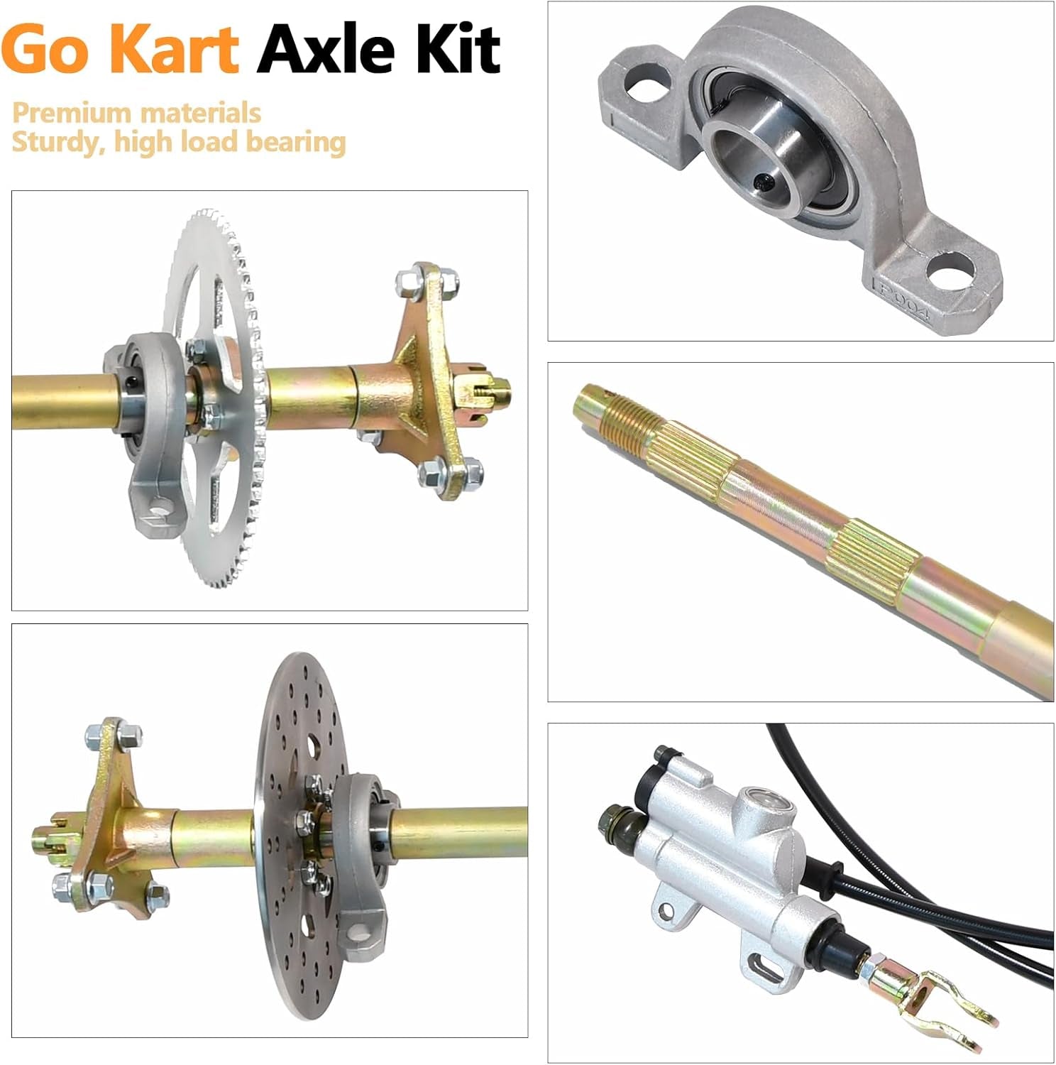 Kit de eje para Go Kart de 29 pulgadas, con eje, pinza de freno, disco de freno, rodamientos de bloque de almohada, cadena T8F, piñón de 58 dientes y buje de rueda.